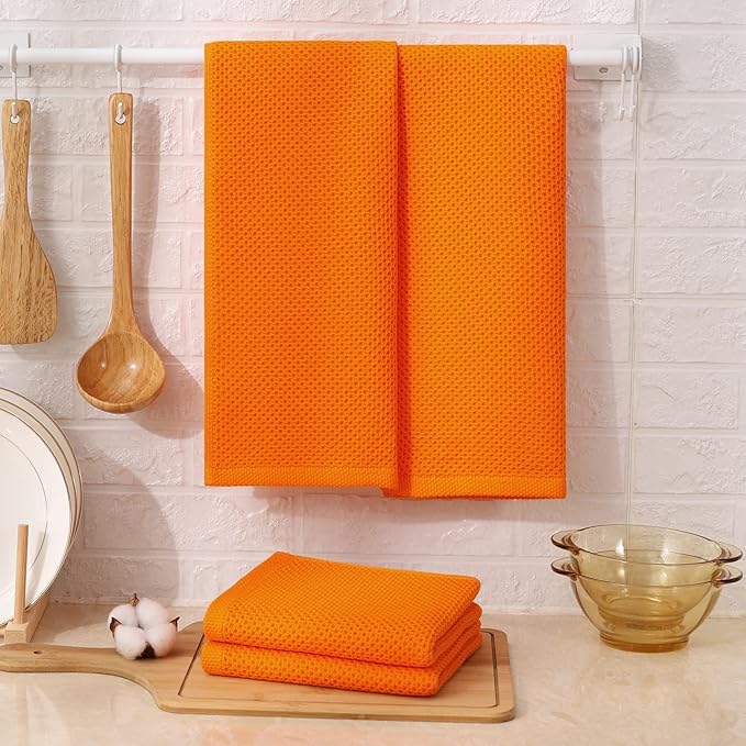 Kitinjoy 100% Cotton Waffle Weave Kitchen Hand Towels (13 x 28 Inches, Orange), 4-Pack Super Soft and Absorbent Dish Towels for Drying Dishes