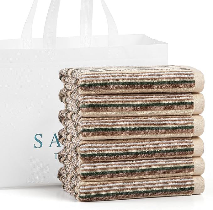 SALAS Premium Kitchen Dish Towels for Drying Dishes, Large Cotton Kitchen Towels, Stripped Terry Dish Cloths, Thick Highly Absorbent Towel Sets with Hanging Loop, 16" X 26", 6 Packs Beige