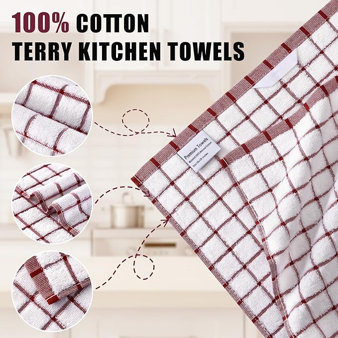 Homaxy Premium Kitchen Towels(16”x 28”, 8 Pack), Large Ring Spun Cotton Dish Towels, Super Absorbent Soft Terry Kitchen Hand Towels, Check Design Tea Towel Set with Hanging Loop, Red