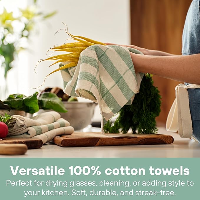 MEEMA Upcycled Spring Kitchen Towels Cotton Fabric | Super Absorbent Hand Towels with Hanging Loop | Cleaning Rags and Dish Towels for Kitchen | Sage Green Stripes | Large 18 x 28 Inch | 4-Pack