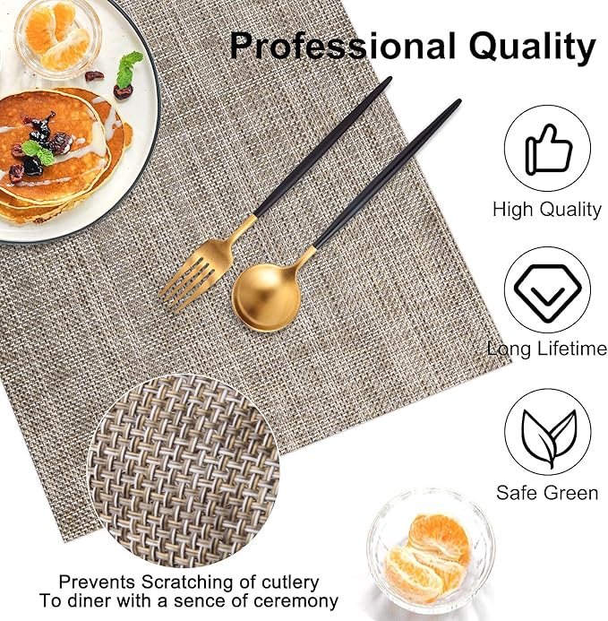 Vinyl Placemats Set of 4, PVC Woven Washable Non-Slip Table Mats, Heat Resistant Wrinkle Free Place Mats for Dining Table, Easy to Clean (4, Cappuccino)