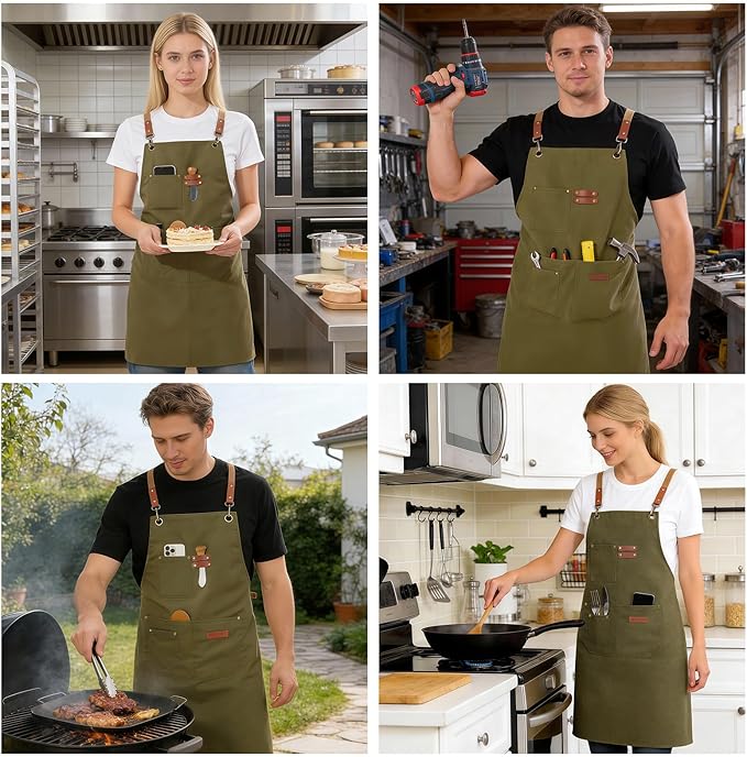 Chef Aprons for Men Women with 4 Large Pockets, Cotton Canvas Cross Back Adjustable Apron for Work grilling kitchen gardening
