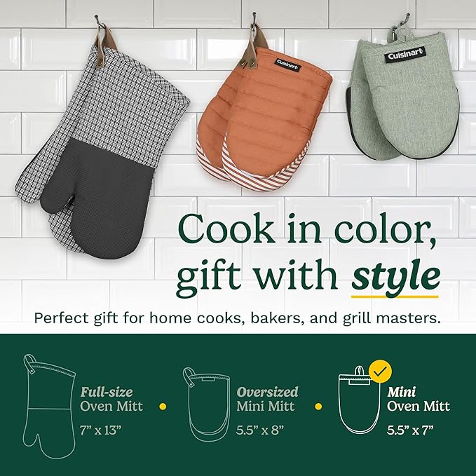 Cuisinart Mini Oven Mitts – 5.5” x 7” Heat-Resistant Kitchen Mitts for Oven with Non-Slip Neoprene Palm, Cotton Filling, and Fabric Loop – Durable Oven Mitt Set for Cooking & Baking (Chambray)