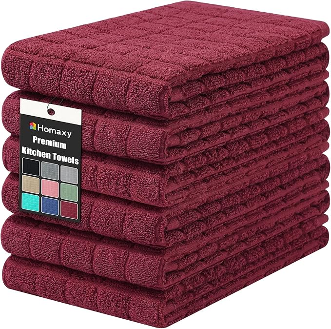 Homaxy Premium Cotton Kitchen Towels 16"x 28", Large Natural Ring Spun 390 GSM Dish Towels, Super Absorbent Terry Kitchen Hand Towels, Soft Tea Towels with Hanging Loop, Pure Red Design, 6 Pack