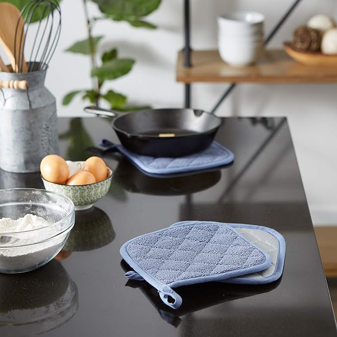 DII Basic Terry Collection Quilted 100% Cotton, Potholder, Stonewash Blue, 3 Piece