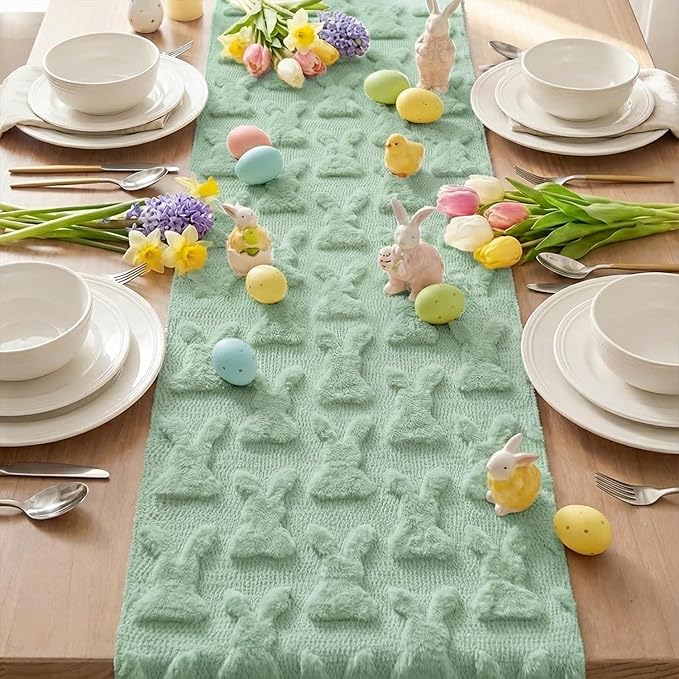 Artoid Mode Sage Green Soft Plush Faux Fur Jacquard Bunny Rabbit Easter Table Runner, Seasonal Kitchen Dining Table Decoration for Home Party Decor 13x72 Inch