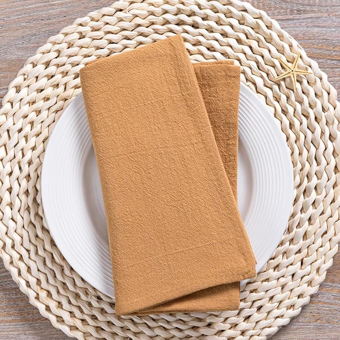MLMC 8 Pack Caramel Cloth Napkins Rustic Washable Cotton Linen Napkins Set of 8 17"x17" Reusable Dinner Napkins Cloth for Wedding Party Bridal Shower Everyday Use Gathings Decor
