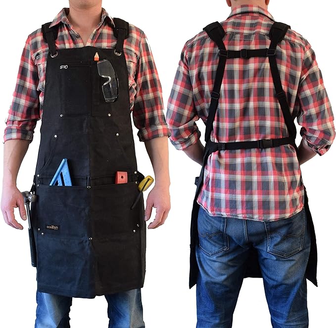 ecoZen Lifestyle Men's Carpenter Apron - Heavy Duty Waxed Canvas Workshop & Woodworking Tool - Fully Adjustable S-XXXL - Woodworking Tools - Aprons for Men