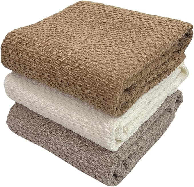 Beige White Brown Taupe Kitchen Hand Dish Towels: Oversized 28" x 18",100% Cotton Cloth Soft Cleaning Drying Absorbent Textured Design, Set of 3 Multipurpose for Everyday Use (Neutral Collection)