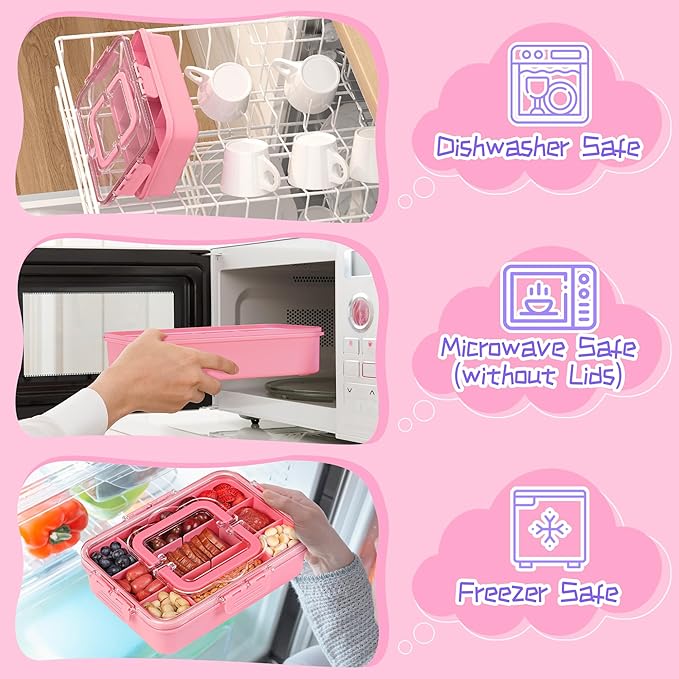Xyptorix Snack Box Container for Kids - Adjustable 12-Compartment Snack Containers, Reusable Bento Box, Dishwasher Safe, BPA-Free, Perfect for School, Travel, Camping & Picnic, Pink