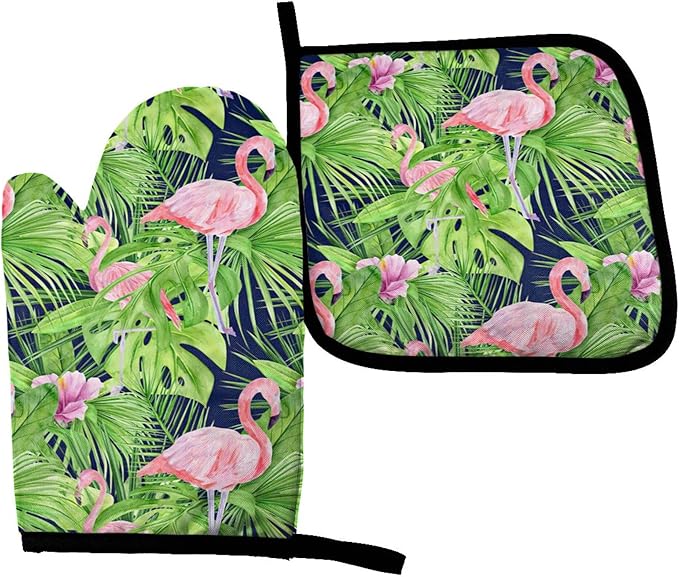 Watercolor Illustration Tropical Leaves Oven Mitts & Pot Holders Sets 2pcs Summer Pink Flamingo Decorative Kitchen Heat Resistant Non-Slip Hot Pad for Cooking Oven Gloves Baking BBQ