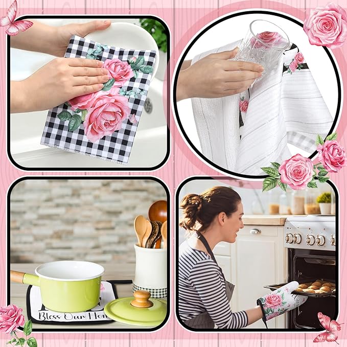 Leinuosen 8 Pcs Kitchen Towels and Dishcloths Sets Oven Mitts and Pot Holders Sets Absorbent Kitchen Gloves Potholders Heat Resistant for Chef Baking Cooking(Black and White,Rose)
