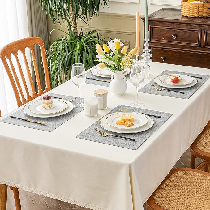 Romanstile Vinyl Placemats Set of 4-12 X 17 Inch - Faux Leather 100% Waterproof Oil-Proof Wipeable Place Mats, Heat Resistant Reversible PU Table Mats for Kitchen Dining Party Outdoor, Light Grey