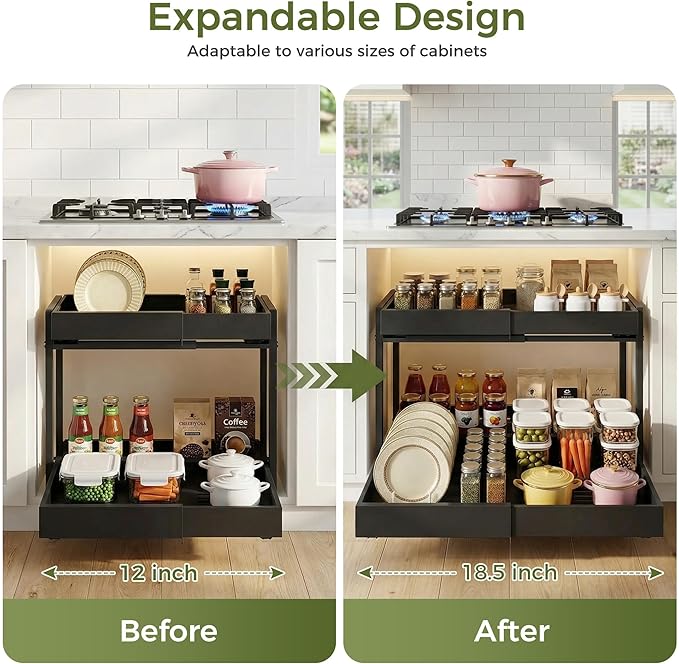 Abalter Expandable Pull Out Cabinet Organizer, 2-Tier Slide Out Drawer for Kitchen Cabinets, Adjustable Width 12-18.5", Slide Out Shelves for Kitchen Countertop, Bathroom, Pantry, Heavy Duty Caddy