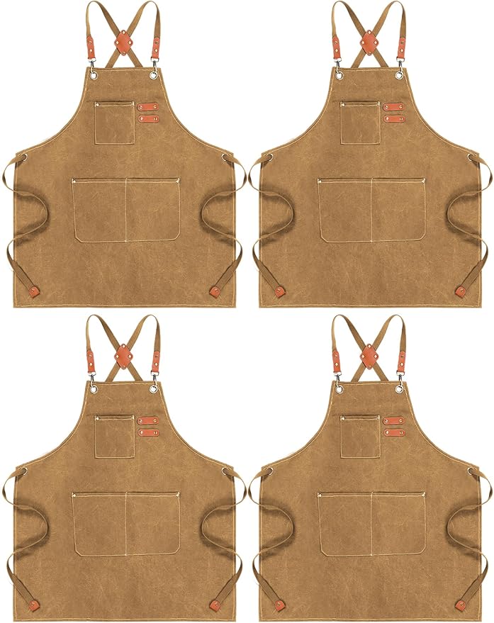 Toulite 4 Pack Canvas Chef Apron for Men with Adjustable Strap Cross Back Cotton Barber Apron with Pocket, 26 x 30''