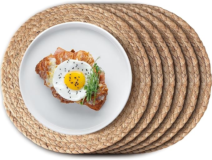 Aofmee 12 inch Round Woven Placemats Set of 6, Boho Rattan Place Mats, Natural Water Hyacinth Table Placemats, Farmhouse Weave Table Mats, Rustic Braided Wicker Charger Plates for Dining Table Decor