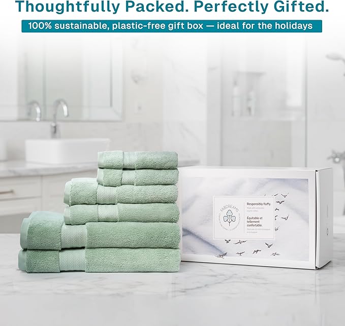Fabdreams 100% Organic Cotton Bath Towel Set of 6 700 GSM Hotel Premium Plush Absorbent Soft Durable Skin-Friendly Spa Quality Bathroom Comfort with 2 Bath 2 Hand Towels and 2 Wash Cloths Green