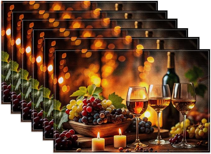 Wine Placemats Set of 6, Linen Place Mat Washable Stain Resistant Table Mats for Country Winery Artisanal Farmhouse Kitchen 12x18 Inch