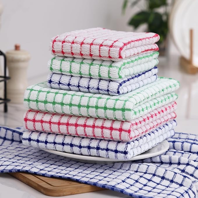 Homaxy Kitchen Towels and Dishcloths Set, 16 x 25 and 12 x 12 Inches, Set of 12 Cotton Terry Kitchen Dish Towels, Super Soft and Absorbent Dish Cloths, Red/Blue/Green