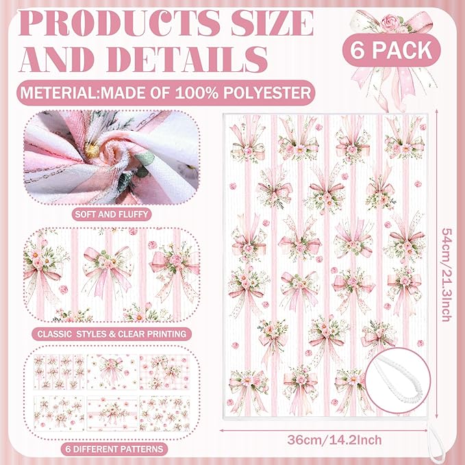 Breling Set of 6 Pink Bow Kitchen Towels Coquette Floral Dish Towel Bathroom Decorative Pink Cute Bowknot Hand Cloths for Kitchen Bathroom Home Cooking Housewarming Gifts, 14 x 21 Inch
