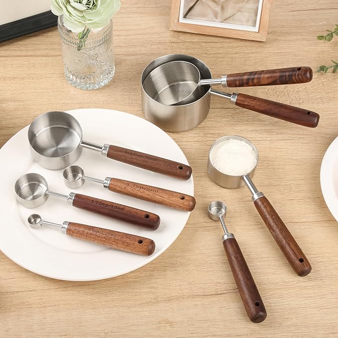 Smithcraft Measuring Cups and Spoons Set 8, 18/8 Stainless Steel Measuring Cups and Spoons Set for Baking and Kitchen, Metric & US Metal Measure Cup & Spoon with Wood Handle for Dry & Liquid