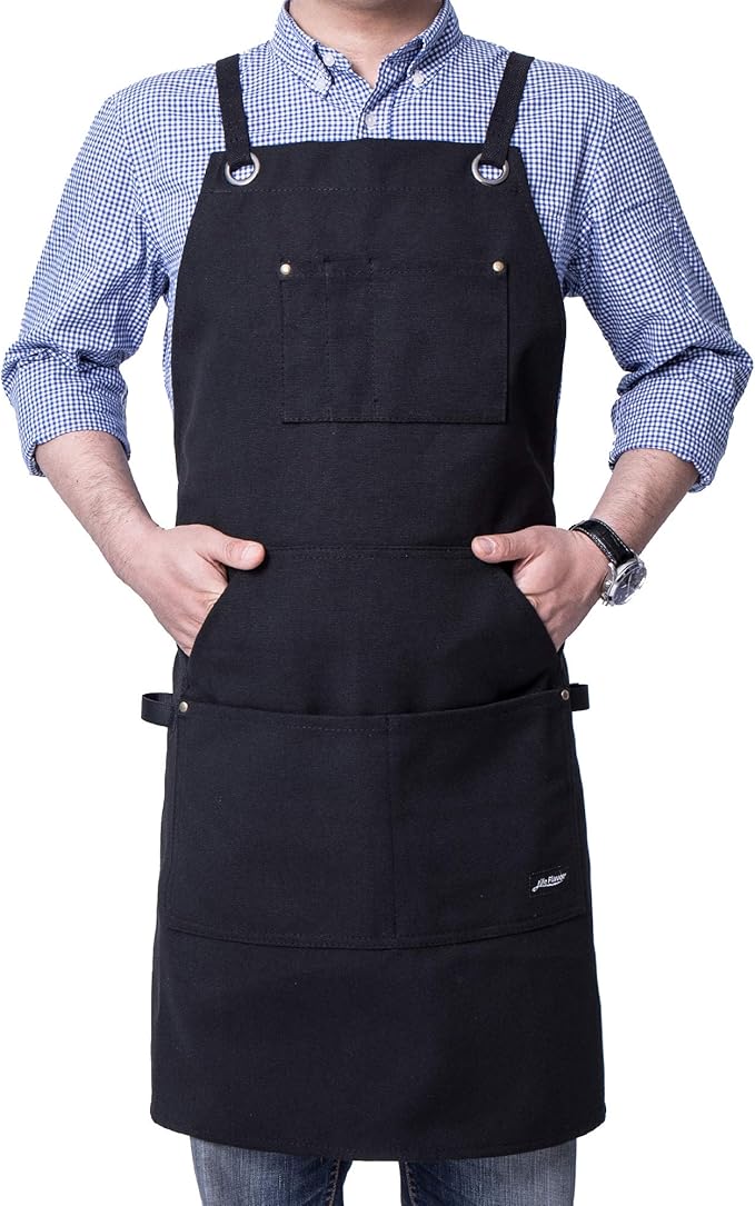 Heavy Duty Canvas Work Apron,Tool Pockets, Back Straps Adjustable（black）
