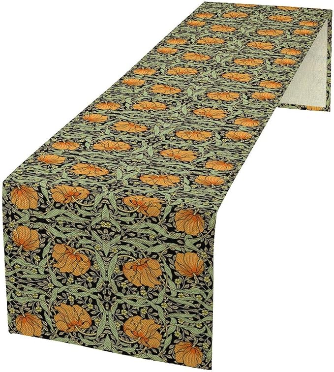 William Morris Floral Table Runner Vintage Farmhouse Sage Green Orange Art Printed Dinner Runner for Home Kitchen Dining Table Decor Fabric 1 Panel W13xL36in
