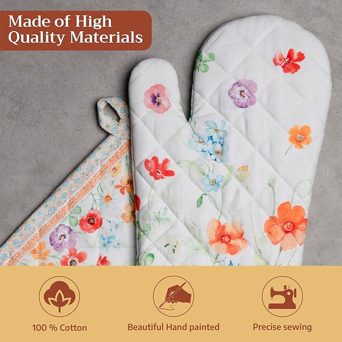 Maison d' Hermine 100% Cotton Oven Mitt & Pot Holder Set (7.5"x13" & 8"x8") Heat Resistant BBQ Cooking Gloves with Loop Baking Grilling Kitchen Gifts for Mothers Day Spring/Summer(Summer Whisper)