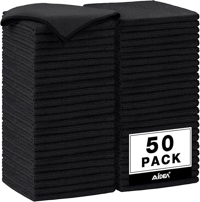 AIDEA Microfiber Cleaning Cloth Black 50PK, Microfiber Towels for Cars, Premium Car Cloths, Dusting Cloth Lint Free Cleaning Rags for SUVs, House, Kitchen, Window, Workshops,12×12"