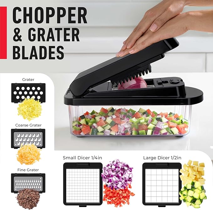 Mueller Pro-Series 10-in-1, 8 Blade Vegetable Chopper, Mandoline Slicer, Onion Mincer, Cutter, Dicer, Veggie Chopper with Container, Kitchen Essentials & Gadgets, House Warming Gifts New Home, Black
