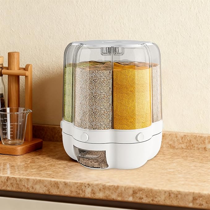 Grain Dispenser, 27Lbs Large Capacity Cereal Container, 6 Grids 360° Rotating and One Click Output Dry Food Storage with Sealed lid for Rice Soybeans Red Beans Moisture Proof Organizer