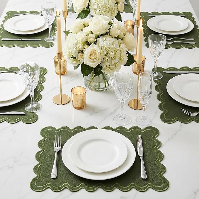 HunnmingRe Set of 6 Cotton Linen Placemats, 13x19 Inch Scalloped Wavy Embroidery Placemat Double Layered Washable Rustic Rectangle Dinner Table Mats for Wedding Home Decor(Moss Green with Green)