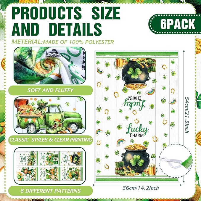 Breling Set of 6 St. Patrick's Day Kitchen Towels Shamrock Green Dish Towel Bathroom Decorative Cloths for Irish Decoration Kitchen Bathroom Home Cooking Housewarming Gifts, 14 x 21 Inch