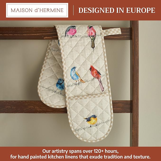 Maison d' Hermine Double Oven Mitts 100% Cotton 7"x35" Double Oven Mitt Heat Resistant BBQ Cooking Gloves with Loop Baking Grilling Gifts for Mothers Day Spring Summer (Birdies on Wire)