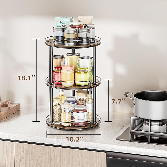 LAMU 10.2'' Wood Lazy Susan Turntable Organizer for Cabinet, 3 Tier Lazy Susan Spice Rack Organizer for Kitchen, Table Top, Countertop, Pantry, Bathroom
