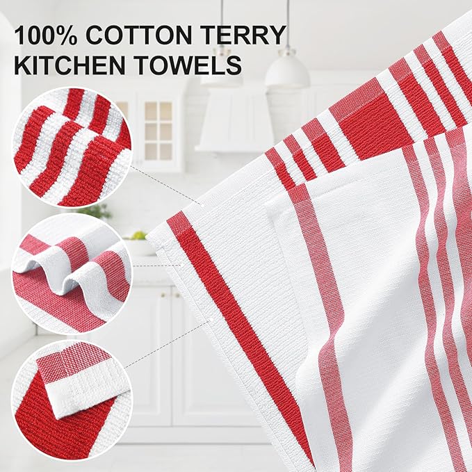 Homaxy Premium Kitchen Towels 18”x 28”, Large Cotton 380 GSM Kitchen Hand Towels, Stripe and Terry Dish Towel, Highly Absorbent Tea Towel Set with Hanging Loop, 6 Pack, Red