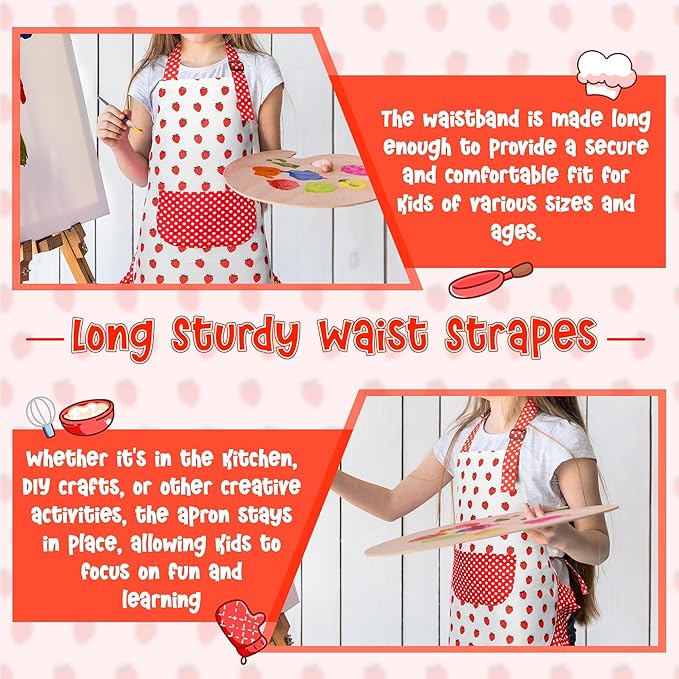 R HORSE Kid Apron and Chef Hat Set - 2Pcs Strawberry Adjustable Children Kitchen Toddler Apron for Girls, Role Play Chef Toy Cooking Baking Painting and Training Kits Kid Funny Cooking Birthday Gift