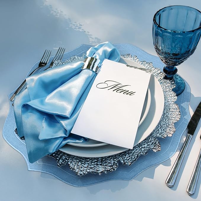Set of 4 Cotton Linen Placemats, 15x15 Round Scalloped Cloth Table Mats, Embroidery Machine Washable, Wrinkle Resistance Fabric Place Mats for Wedding Summer Baby Shower Party Table Decor-Blue