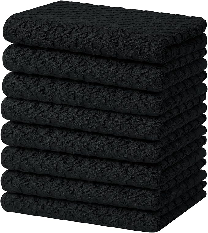 Homaxy 100% Cotton Terry Kitchen Towels(15" x 25", 8 Pack), Soft and Super Absorbent Dish Towels, 380 GSM Reusable Tea Towel with Hanging Loop, Pineapple Grid Designed, Black