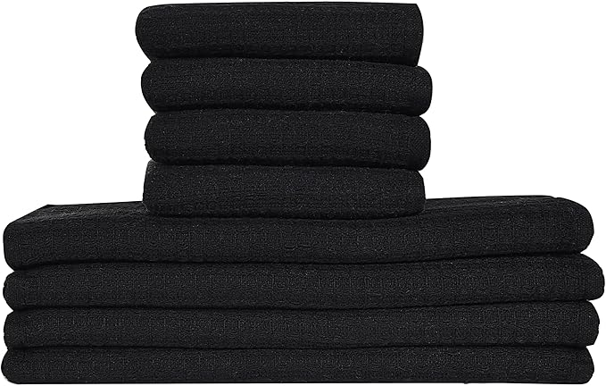 Kitchen Dish Wash Cloths Waffle Terry Design DishCloths12x12 in Pk of 4 & Dish Towels 13x28 in Pk of 4|Cotton Dish Rags for Drying Dishes|Counter Top |Spring Easter Basket Decor|Black