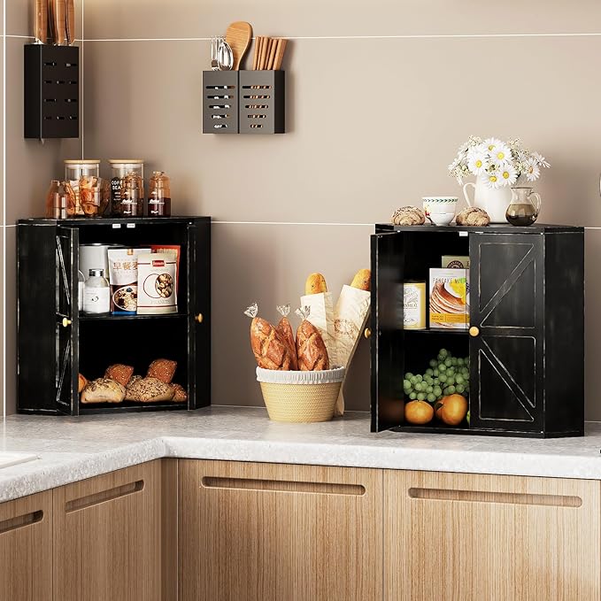 Trironsun Corner Bread Box for Kitchen Counter Double Layer Bamboo Bread Storage Container Large Capacity Bread Storage Bin Farmhouse Breadbox Organizer (Antique Black)