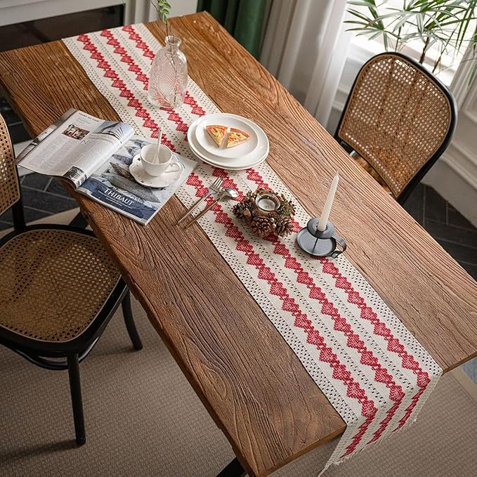 Alynsehom Macrame Table Runner Beige and Red Heart Table Runners with Tassels Hand Woven Cotton Table Runner Rustic Farmhouse Table Runners for Valentine's Day Bohemian Kitchen Dining Table(12x71in)