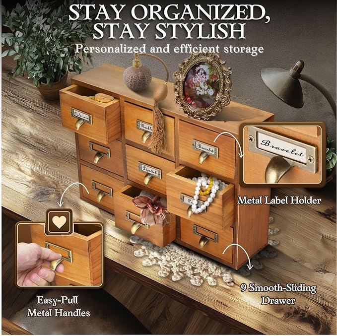 Flexzion Apothecary Cabinet with Drawers - 9 Vintage Apothecary Drawers Desktop Organizer for Home & Office - Wooden Tabletop Library Card Catalog Cabinet Storage for Jewelry, Makeup & Tools, Brown