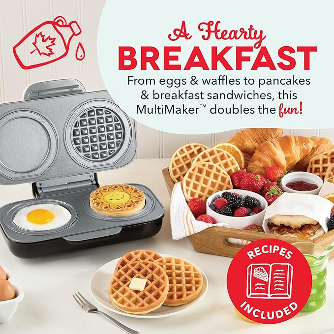 Dash MultiMaker® Double Mini Maker System - Dual Ceramic Nonstick Cooking Surfaces - Built-In Cord Wrap - Makes 4-Inch Waffles - Cream, 6 Plates