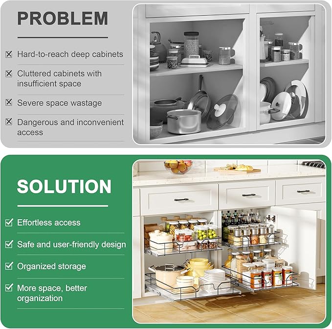 2-Tier Pull Out Cabinet Organizer (11" W x 22" D), Soft Close Cabinet Slide Out Shelves, Heavy Duty Slide Out Drawers with Shelf Liner for Kitchen Cabinets, Pantry Storage, Bathroom