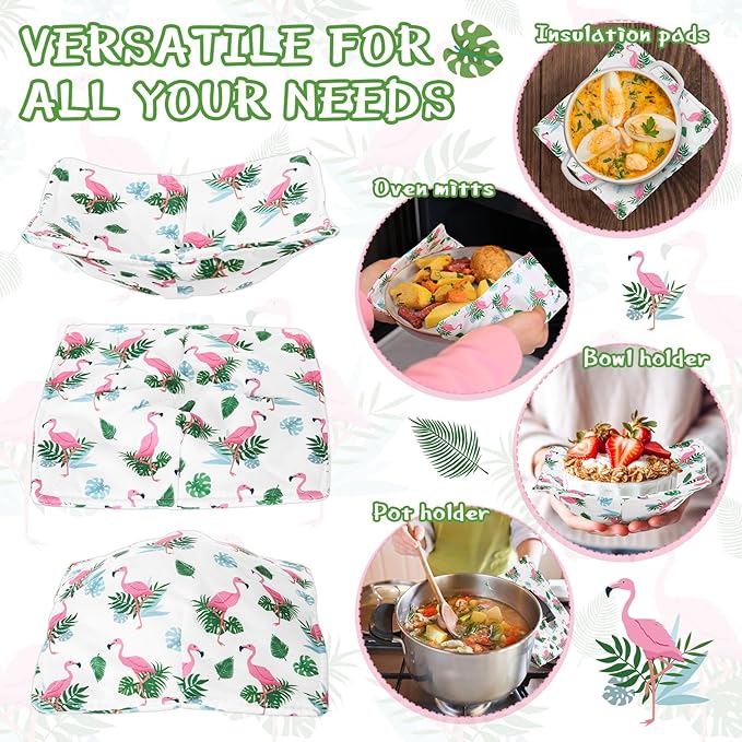 Cunhill 4 Pcs Cotton Microwave Bowl Cozy Holders for Hot Food Hot Pads Soup Bowl Potholders Heat Resistant Multipurpose Quilted Safe Holders for Kitchen Plate Supply(Soft Pink,Flame Bird)