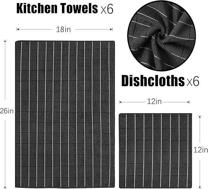 Puomue Microfiber Kitchen Towels and Dishcloths Set, 26 X 18 Inch and 12 X 12 Inch, Set of 12 Bulk Lint Free Dish Towels for Drying Dishes, Black