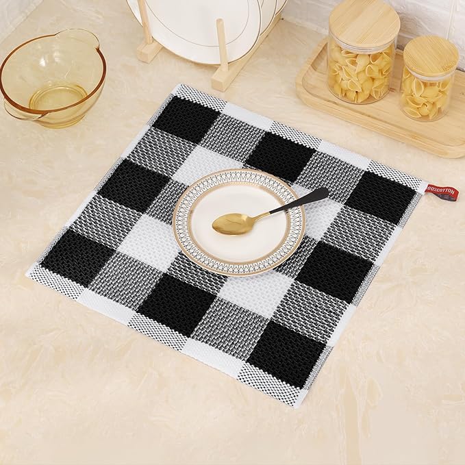 Mordimy 100% Cotton Waffle Weave Plaid Dish Cloths, 12 x 12 Inches, Super Soft and Absorbent Quick Drying Buffalo Check Dish Rags for Kitchen, 8-Pack, Black & White