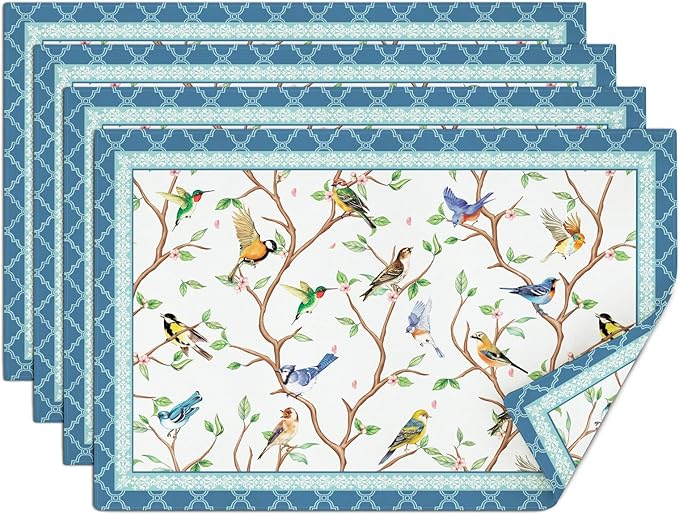 comfoyar Blue Bird Placemats Set of 4, 12x18 Inch Non-Slip Linen Spring Flower Place Mats, Washable Absorbent Table Mats for Kitchen Dining Party Table Decoration