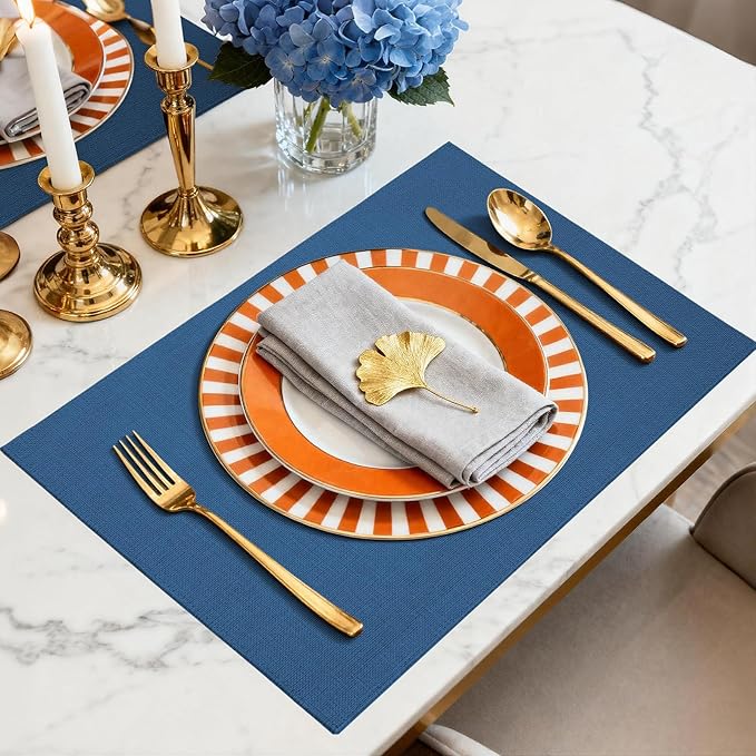 Placemats Set of 6 Linen Type Fabric Cloth Placemats, 18x12 Inch Double Layered Thick Wrinkle Free Heat Resistant Table Place, for Dining, Kitchen, Party (45 * 30cm, Dark Blue)